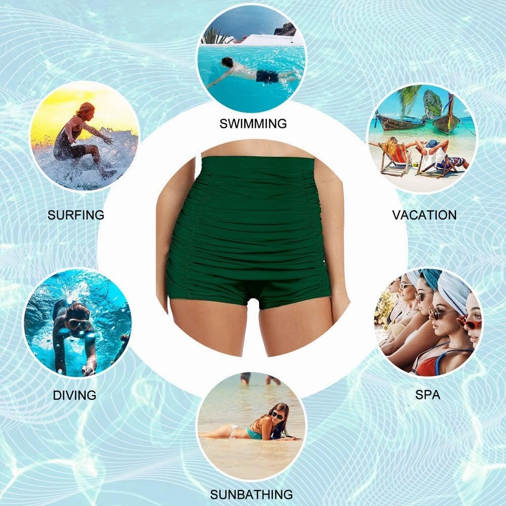 Firpearl Women's High Waisted Bikini Bottom 50s Ruched Boyleg Swim Shorts Tummy Control Swimsuit Bottom