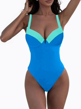 Fisoew Women One Piece Tummy Control Swimsuits Retro Slimming Colorblock Back Tie Vintage Bathing Suits