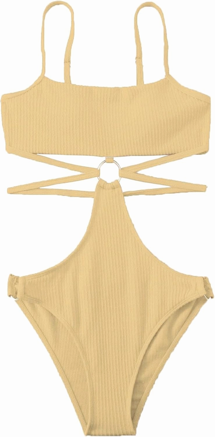 FlatterMe Ring Linked Cut-Out One Piece Swimsuit Scoop Neck Lace Up Back Monokini Bathing Suit