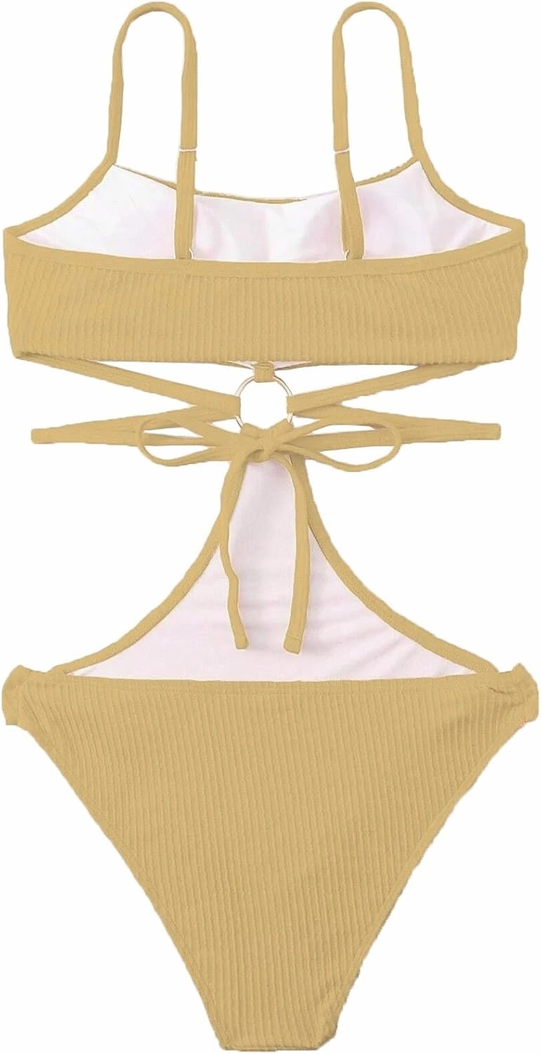 FlatterMe Ring Linked Cut-Out One Piece Swimsuit Scoop Neck Lace Up Back Monokini Bathing Suit