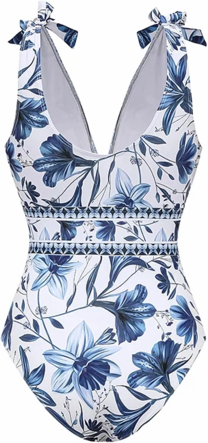 FLAXMAKER Blue and White V Neck Lace Up Strip Plant Prints One Piece Swimsuit and Skirt/Sarong