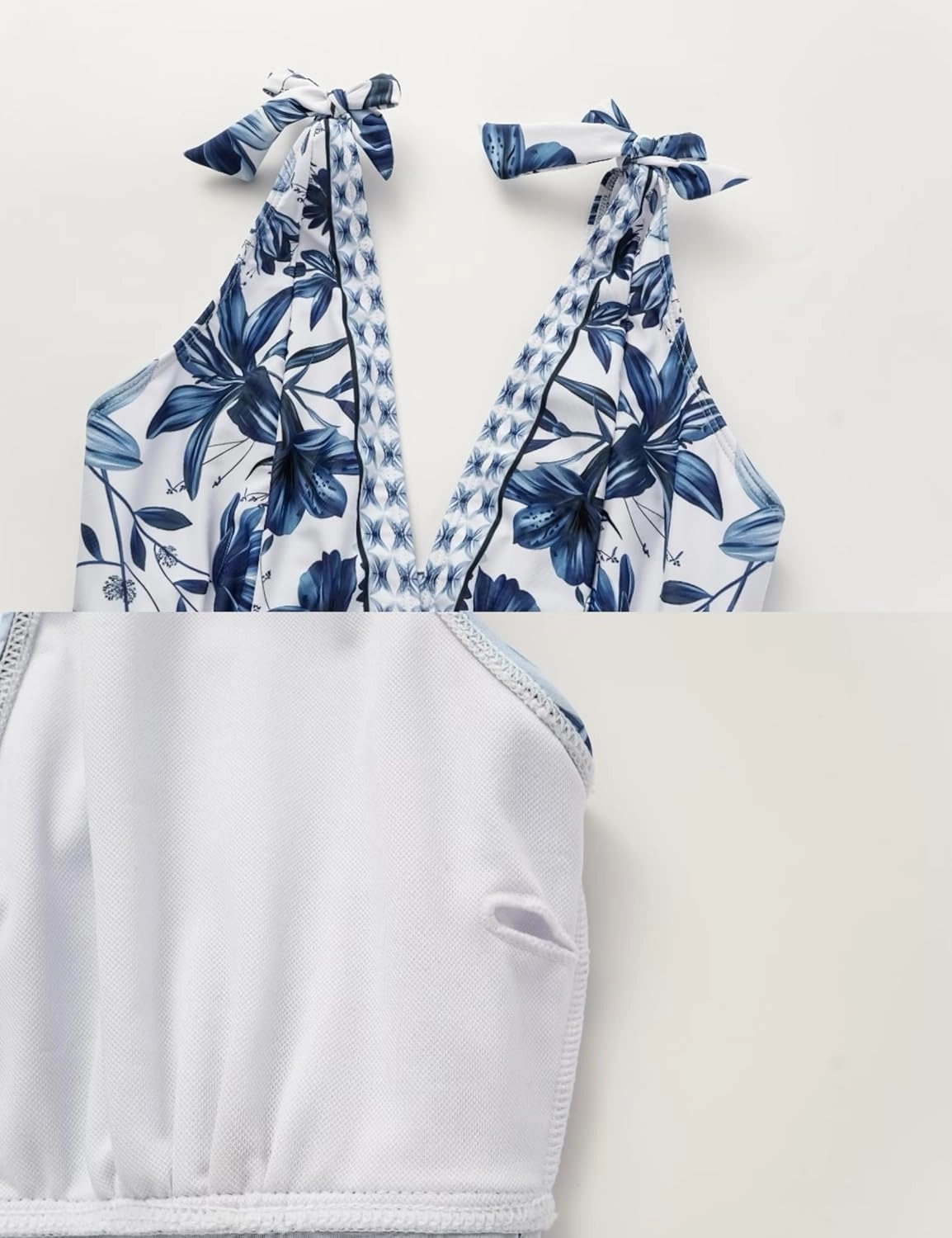 FLAXMAKER Blue and White V Neck Lace Up Strip Plant Prints One Piece Swimsuit and Skirt/Sarong