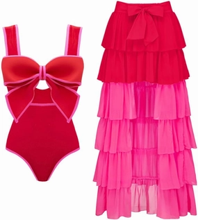 FLAXMAKER Bow Front Cut Out Color Block One Piece Swimsuit and Skirt
