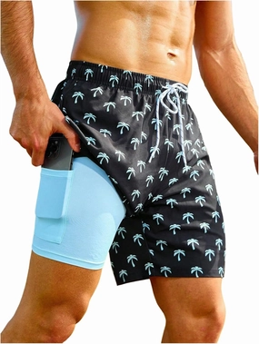 Floerns Men's Plus Size Tropical Print Drawstring Beach Board Shorts with Compression Liner