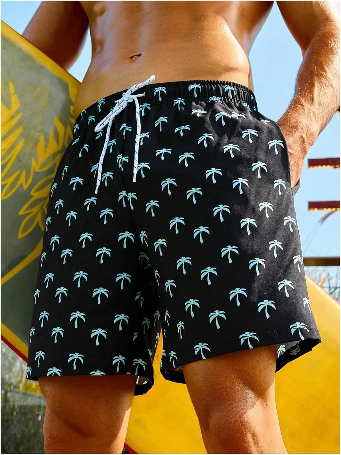 Floerns Men's Plus Size Tropical Print Drawstring Beach Board Shorts with Compression Liner