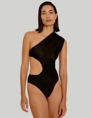 Folded One Shoulder One Piece with Cut Out, Black