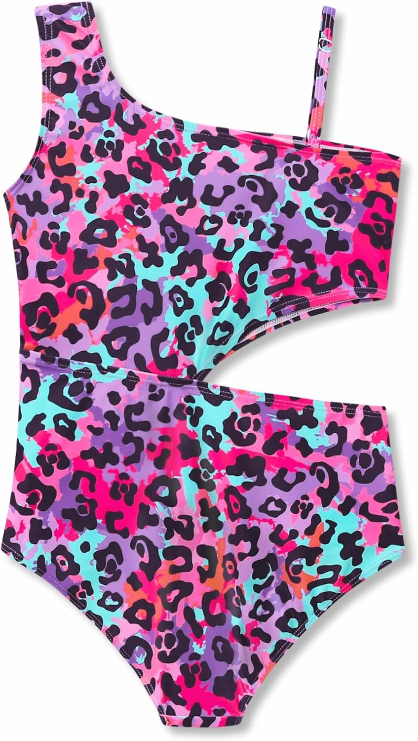 Girls One Piece Leopard Print Swimsuits - Bathing Suit with Adjustable Straps Palm Tree Print Swimwear Size 6X-16