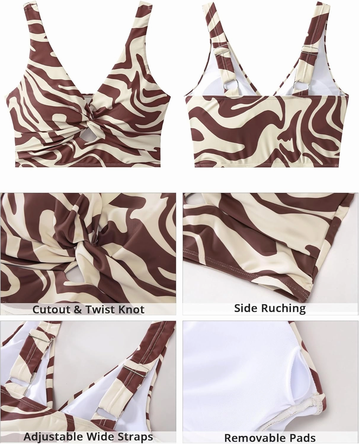 GRAPENT Bikini Tops for Women Cropped Tankini Tops Floral Printed Beach Padded Knot Twist Cut Out Bathing Suit Top Only