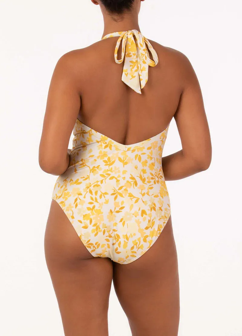 Halter One Piece Swimsuit, Daffodil Yellow Floral
