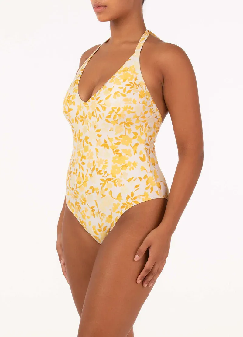 Halter One Piece Swimsuit, Daffodil Yellow Floral