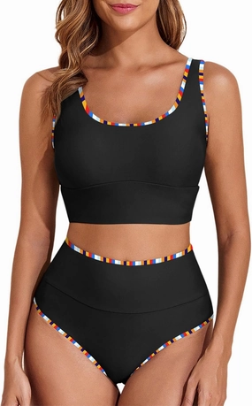Herseas 2 Piece Bikini Set for Women Color Block 2025 Sporty Longline Swim Top with High Waisted Swimsuit Bottom