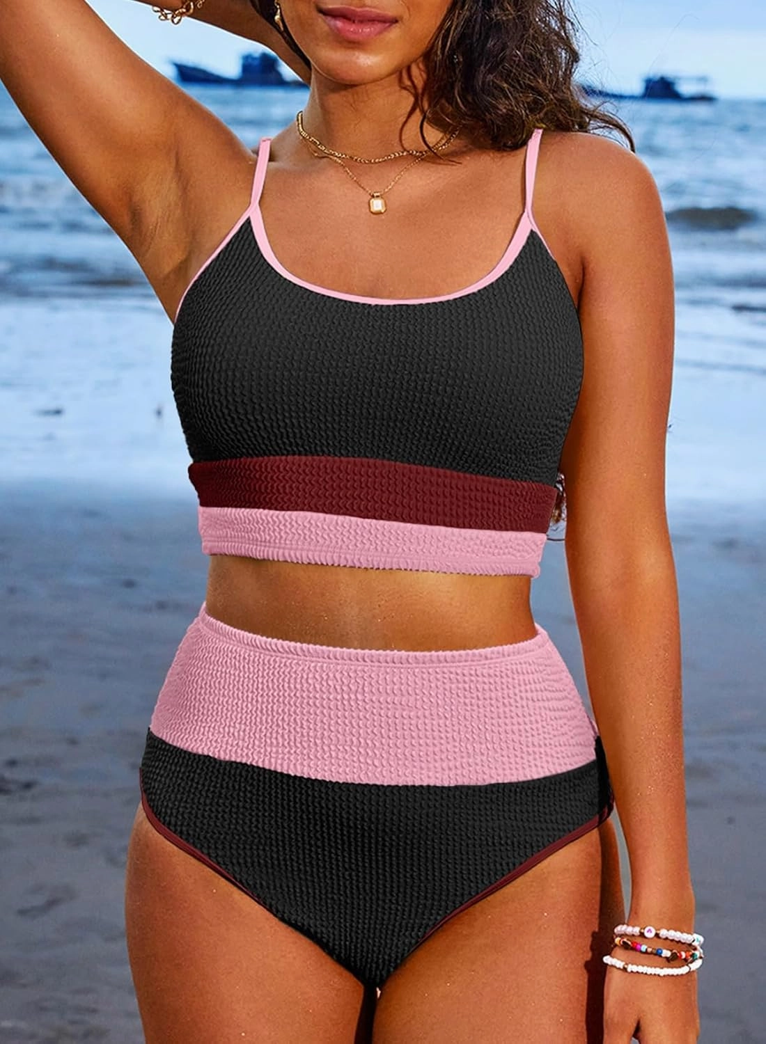 Herseas Women 2 Piece Bikini Set High Waisted Color Block Swimsuit 2025 Summer Beach Scrunch Ribbed Bathing Suit