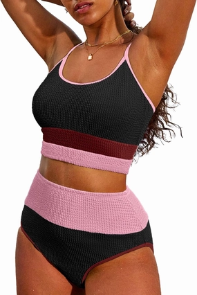 Herseas Women 2 Piece Bikini Set High Waisted Color Block Swimsuit 2025 Summer Beach Scrunch Ribbed Bathing Suit