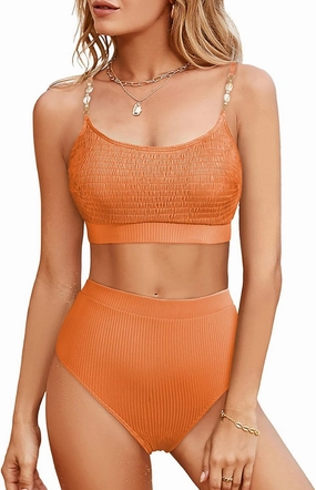 Herseas Women's 2 Piece Bikini Set Shirred Solid Color High Waisted Shell Strap 2025 Summer Beach Swim Bathing Suit
