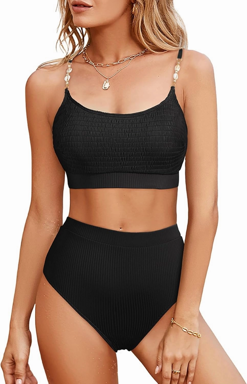 Herseas Women's 2 Piece Bikini Set Shirred Solid Color High Waisted Shell Strap 2025 Summer Beach Swim Bathing Suit