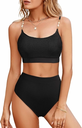 Herseas Women's 2 Piece Bikini Set Shirred Solid Color High Waisted Shell Strap 2025 Summer Beach Swim Bathing Suit