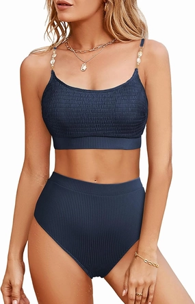 Herseas Women's 2 Piece Bikini Set Shirred Solid Color High Waisted Shell Strap 2025 Summer Beach Swim Bathing Suit