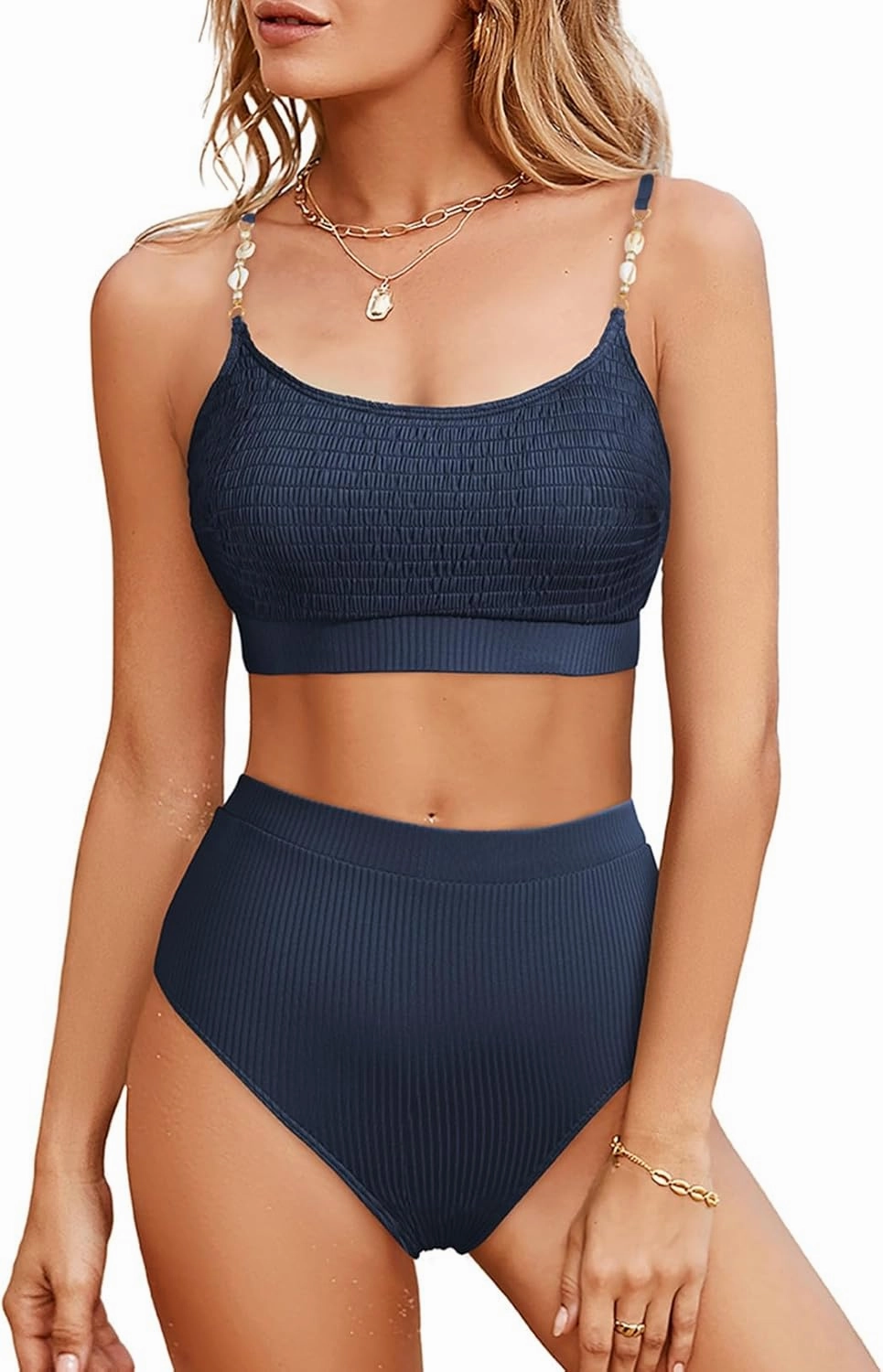 Herseas Women's 2 Piece Bikini Set Shirred Solid Color High Waisted Shell Strap 2025 Summer Beach Swim Bathing Suit