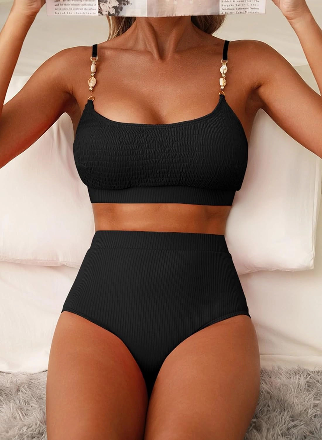 Herseas Women's 2 Piece Bikini Set Shirred Solid Color High Waisted Shell Strap 2025 Summer Beach Swim Bathing Suit