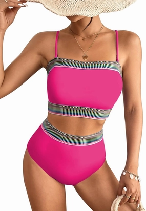 Herseas Women's 2 Pieces Bandeau Bikini Color Block Swimsuits 2025 Summer Off Shoulder High Waisted Bathing Suit