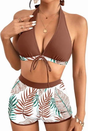 Herseas Women's Bikini Sets 2 Piece Tropical Print Swimsuit Halter Top & Boy Short Bathing Suit