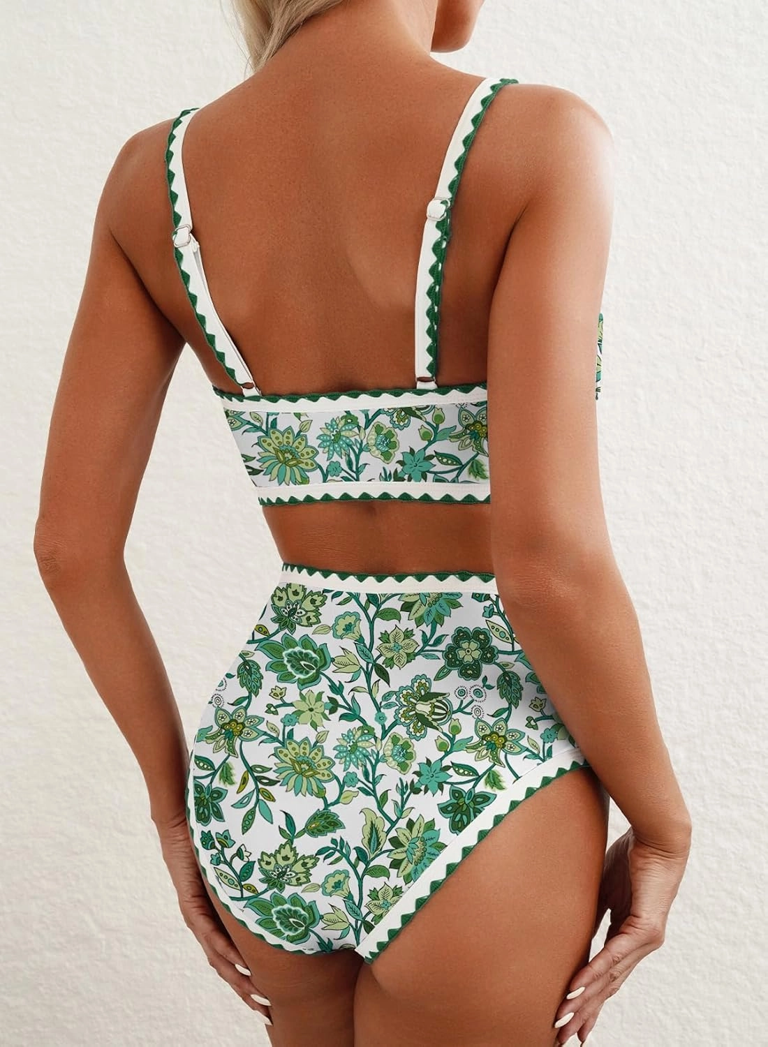 Herseas Women's Bikini Sets Floral Print Whip Stitch 2 Piece Swimsuits High Waisted Scoop Bathing Suits