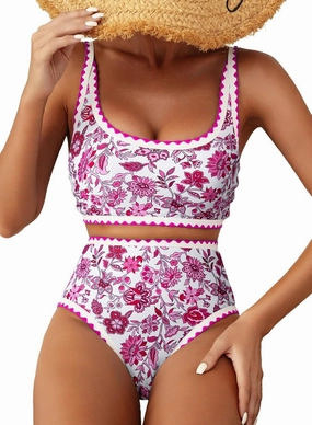 Herseas Women's Bikini Sets Floral Print Whip Stitch 2 Piece Swimsuits High Waisted Scoop Bathing Suits