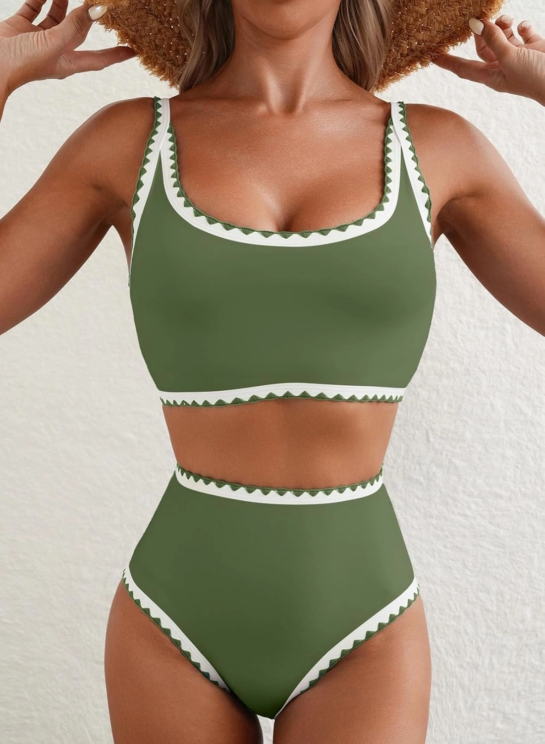 Herseas Women's Bikini Sets Floral Print Whip Stitch 2 Piece Swimsuits High Waisted Scoop Bathing Suits