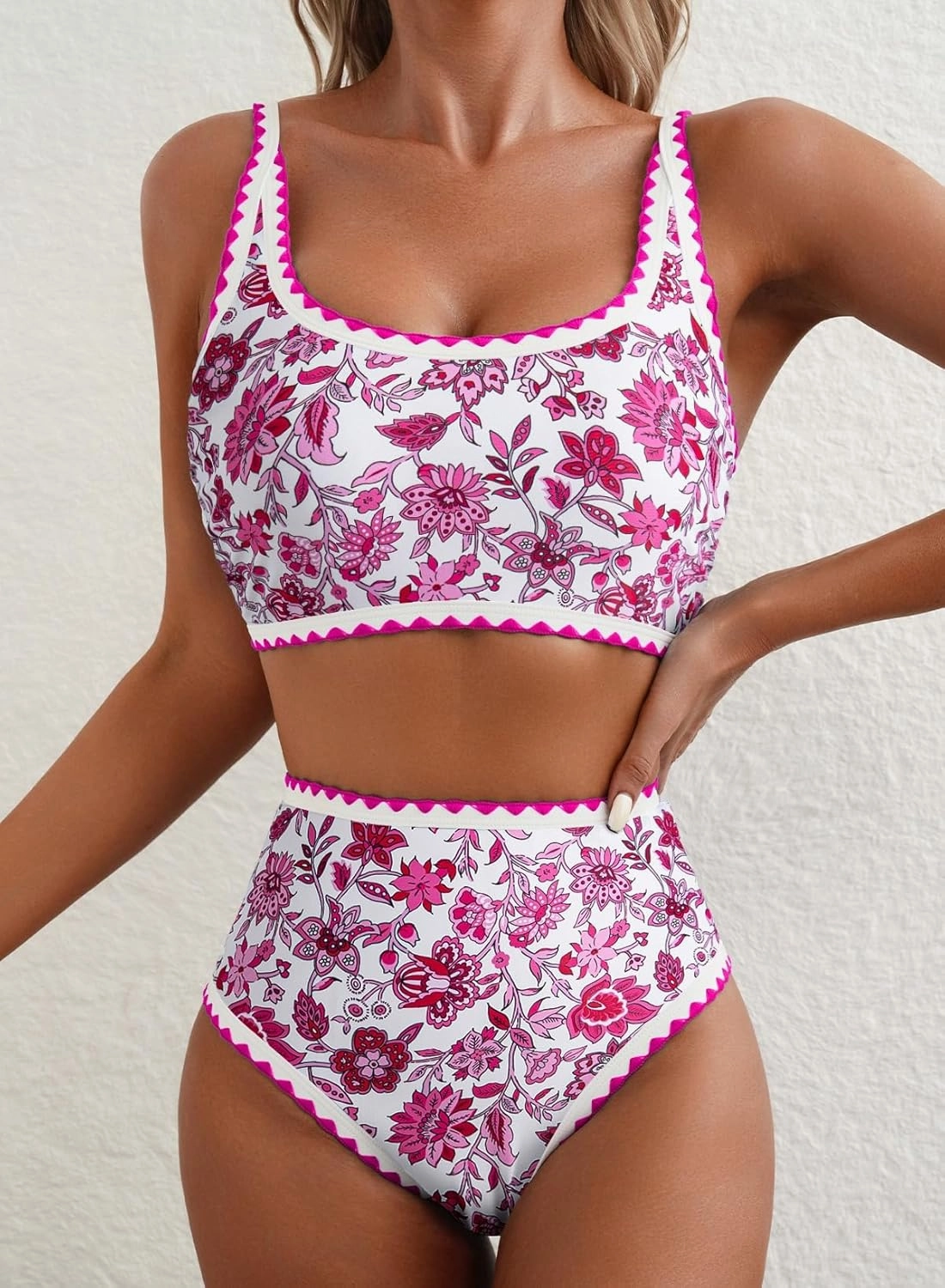 Herseas Women's Bikini Sets Floral Print Whip Stitch 2 Piece Swimsuits High Waisted Scoop Bathing Suits