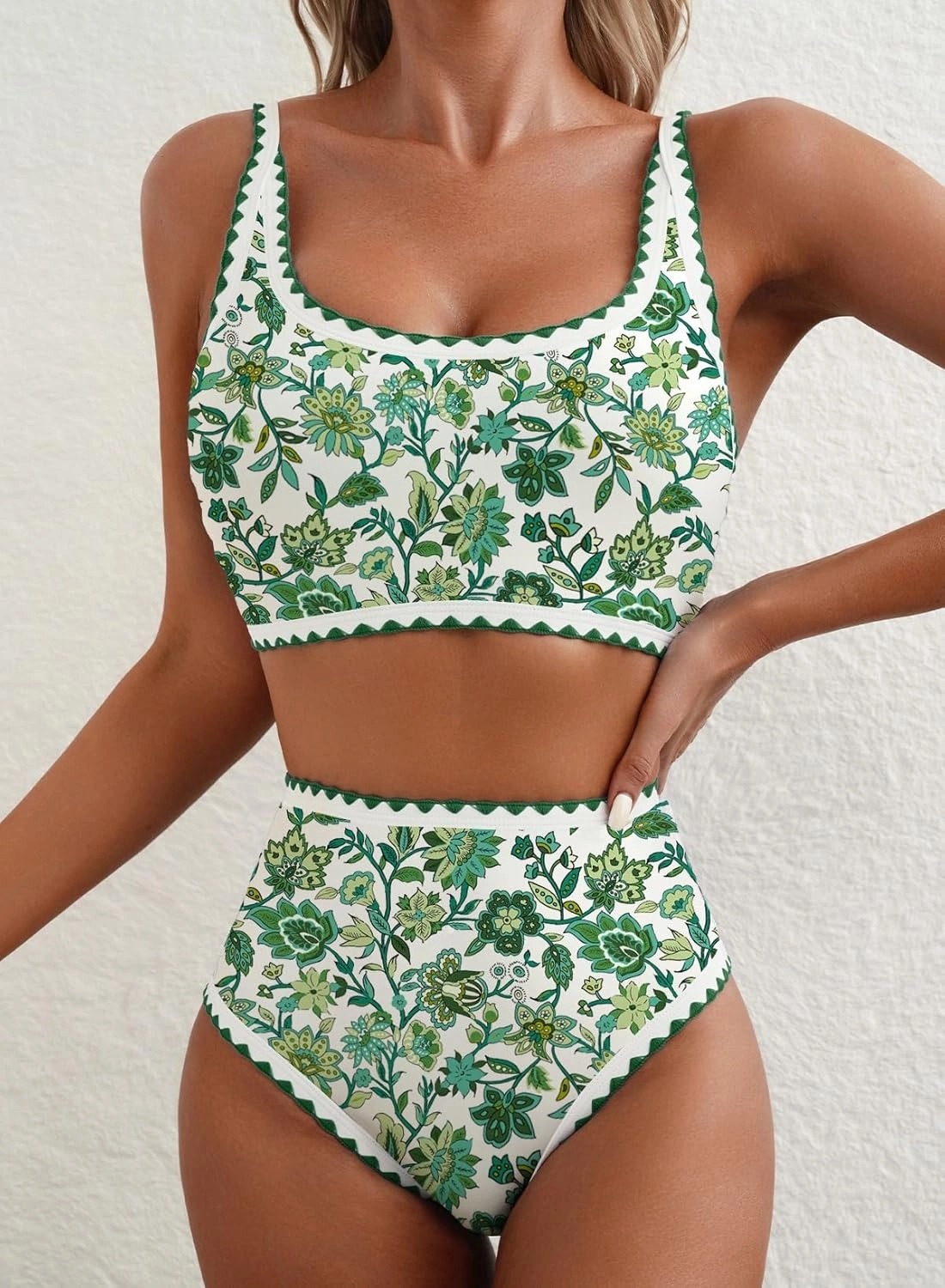 Herseas Women's Bikini Sets Floral Print Whip Stitch 2 Piece Swimsuits High Waisted Scoop Bathing Suits