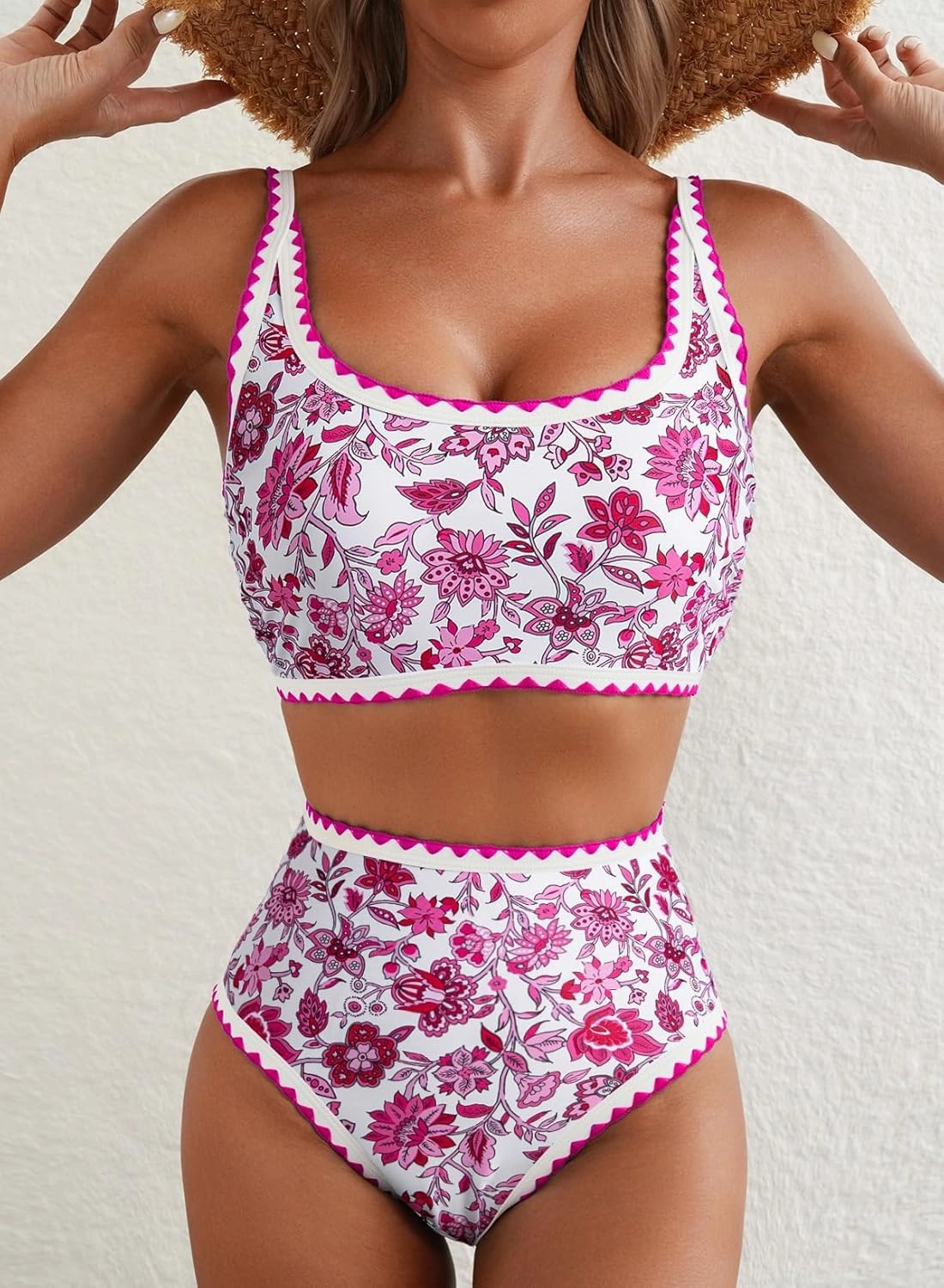 Herseas Women's Bikini Sets Floral Print Whip Stitch 2 Piece Swimsuits High Waisted Scoop Bathing Suits