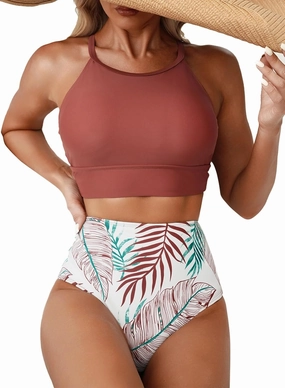 Herseas Women's Bikini Sets High Neck Tropical Leaf Print High Waisted Two Pieces Swimsuits Bathing Suits