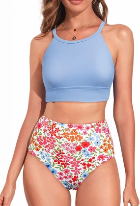 Herseas Women's Bikini Sets High Neck Tropical Leaf Print High Waisted Two Pieces Swimsuits Bathing Suits