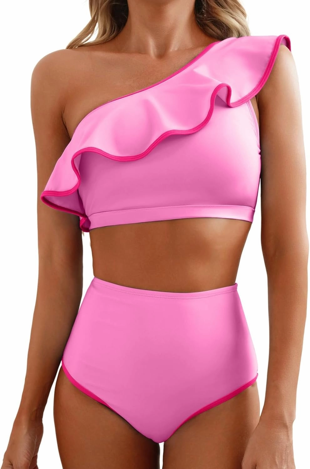 Herseas Women's One Shoulder Bikini Sets Color Block Trim Ruffle Hem Swimsuits Elegant Bathing Suits