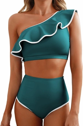 Herseas Women's One Shoulder Bikini Sets Color Block Trim Ruffle Hem Swimsuits Elegant Bathing Suits