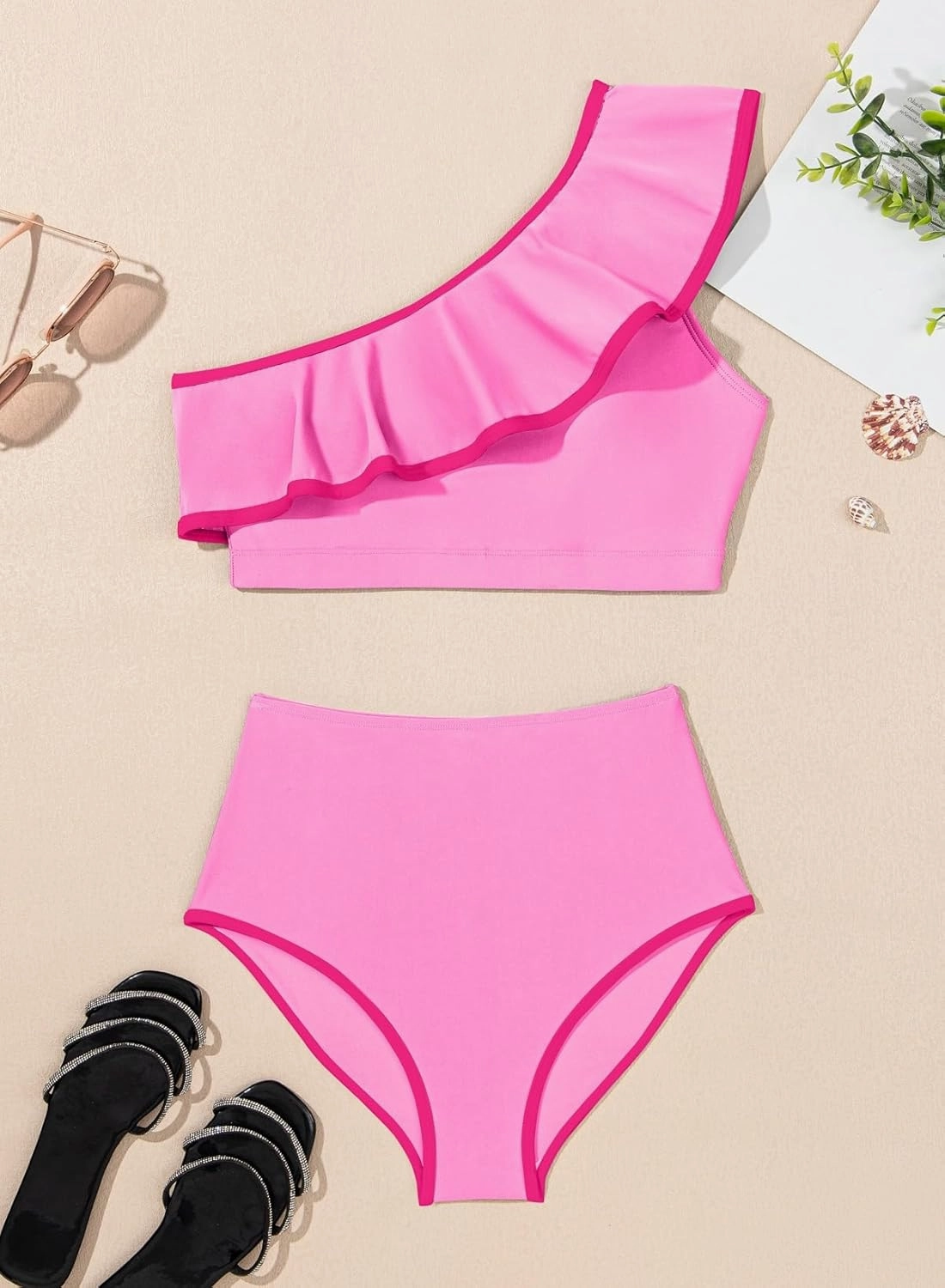 Herseas Women's One Shoulder Bikini Sets Color Block Trim Ruffle Hem Swimsuits Elegant Bathing Suits