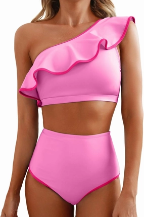 Herseas Women's One Shoulder Bikini Sets Color Block Trim Ruffle Hem Swimsuits Elegant Bathing Suits