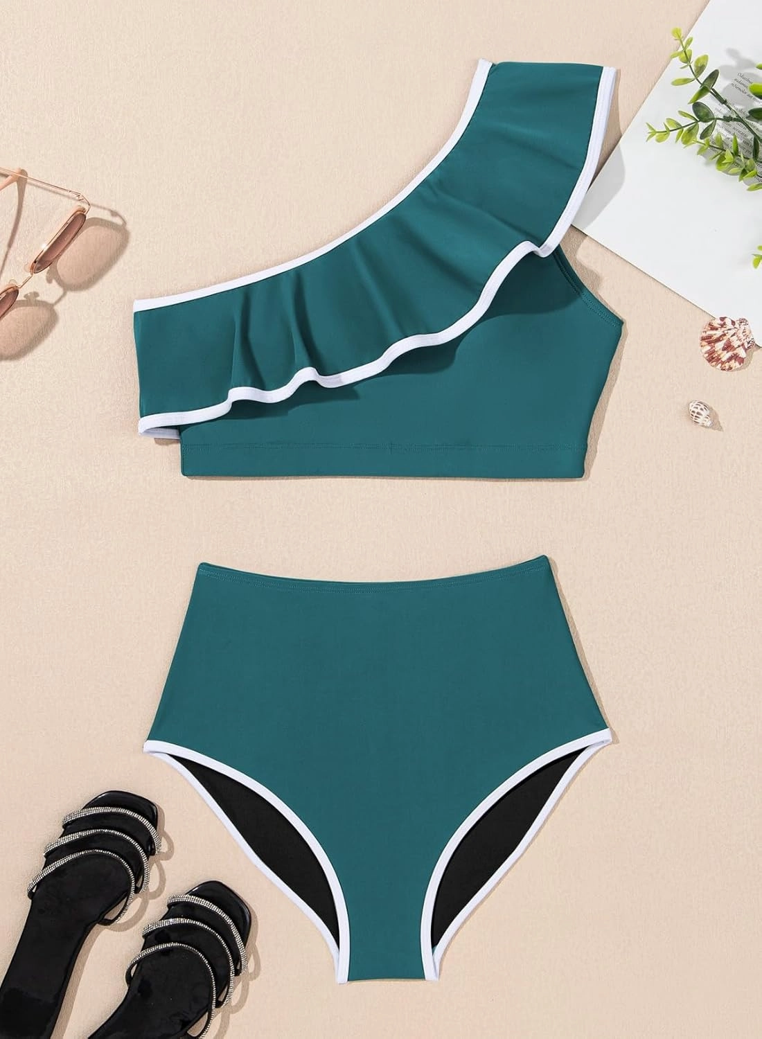 Herseas Women's One Shoulder Bikini Sets Color Block Trim Ruffle Hem Swimsuits Elegant Bathing Suits