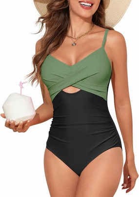 HEYTALALA Women One Piece Swimsuit Tummy Control Bathing Suits Twist Front Cutout V Neck Ruched Slimming Swimwear