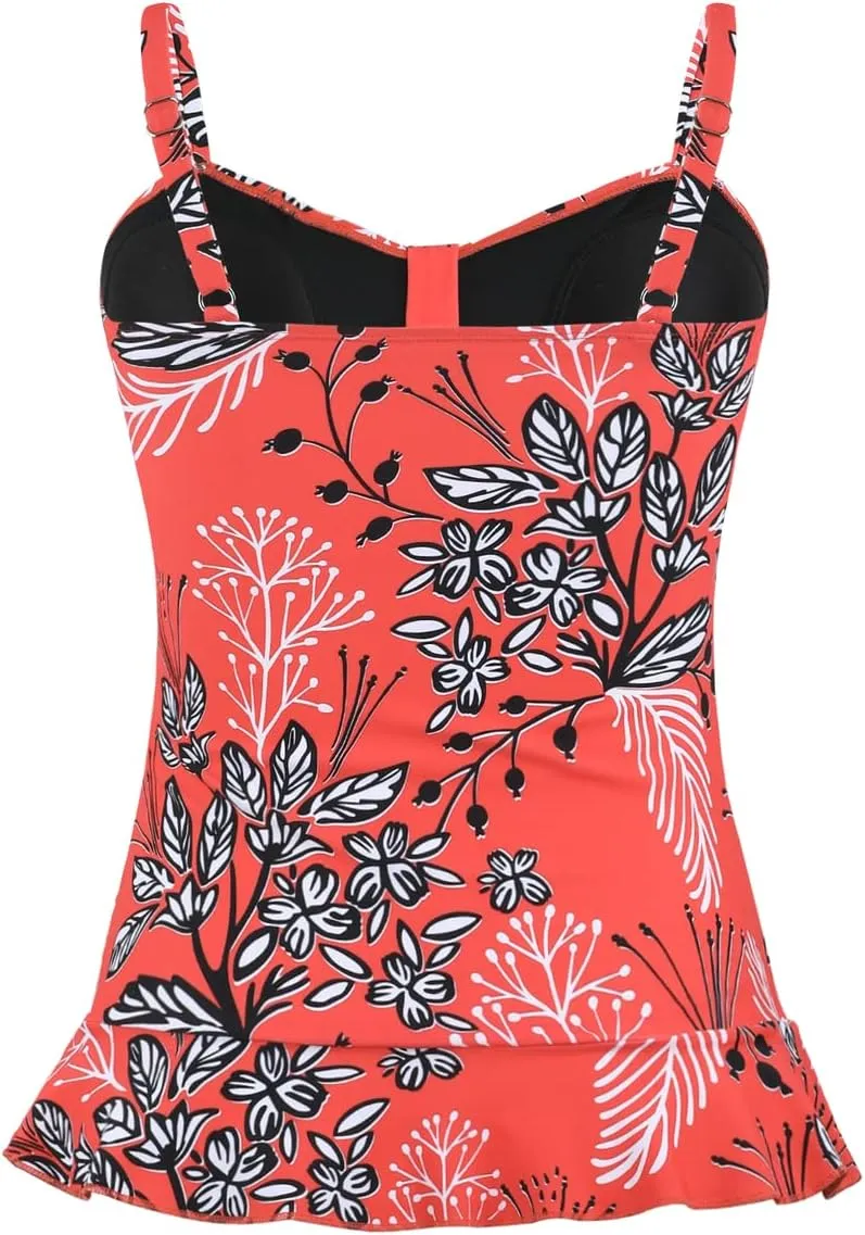 Hilor Women's 50's Retro Ruched Tankini Swimsuit Top with Ruffle Hem Bathing Suit Top Tummy Control Swim Tops