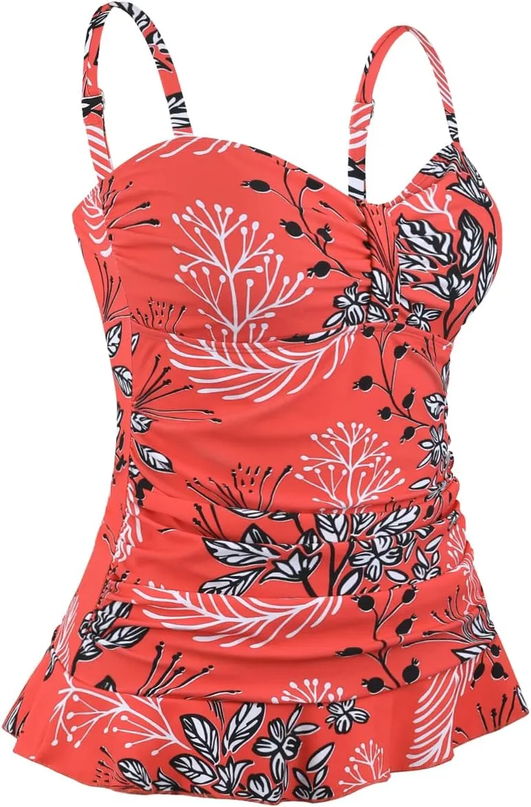 Hilor Women's 50's Retro Ruched Tankini Swimsuit Top with Ruffle Hem Bathing Suit Top Tummy Control Swim Tops