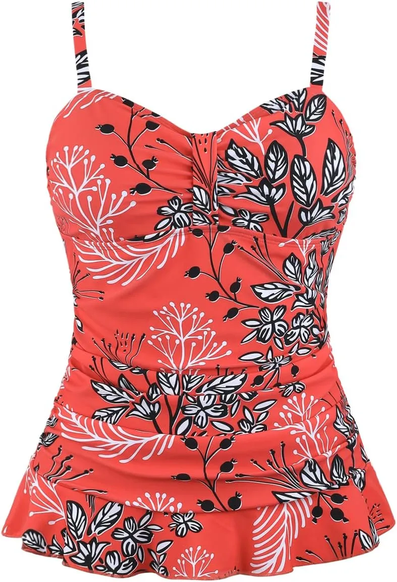 Hilor Women's 50's Retro Ruched Tankini Swimsuit Top with Ruffle Hem Bathing Suit Top Tummy Control Swim Tops