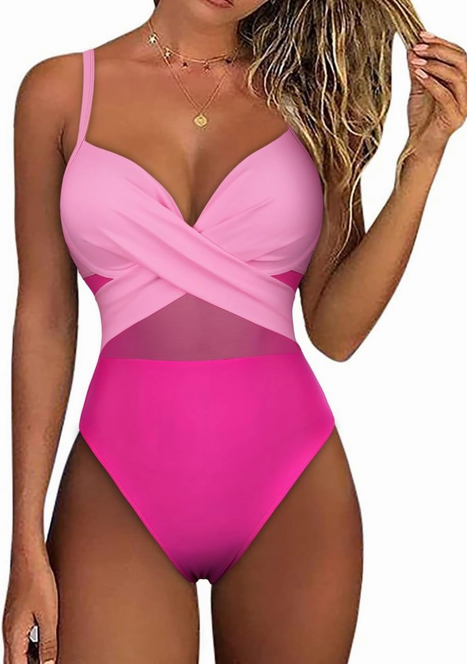 Hilor Underwire One Piece Swimsuits for Women Sexy Cutout Mesh Criss Cross Push Up Bathing Suits