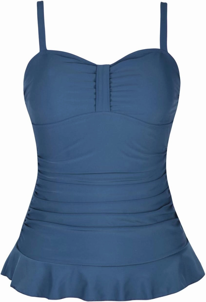 Hilor Women's 50's Retro Ruched Tankini Swimsuit Top with Ruffle Hem Bathing Suit Top Tummy Control Swim Tops