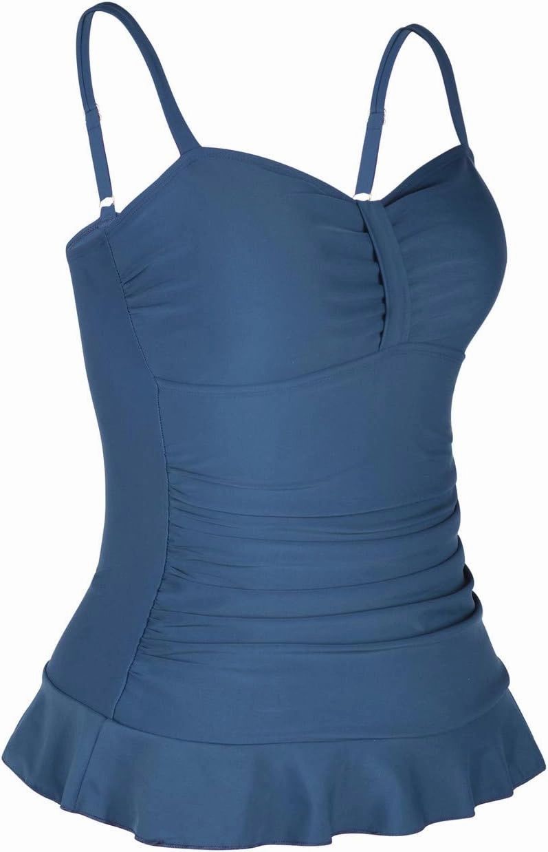 Hilor Women's 50's Retro Ruched Tankini Swimsuit Top with Ruffle Hem Bathing Suit Top Tummy Control Swim Tops
