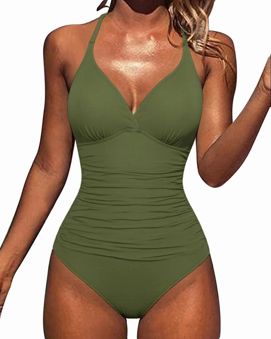 Hilor Women's Tummy Control One Piece Swimsuits Halter V Neck Push Up Slimming Bathing Suits Ruched Swimwear