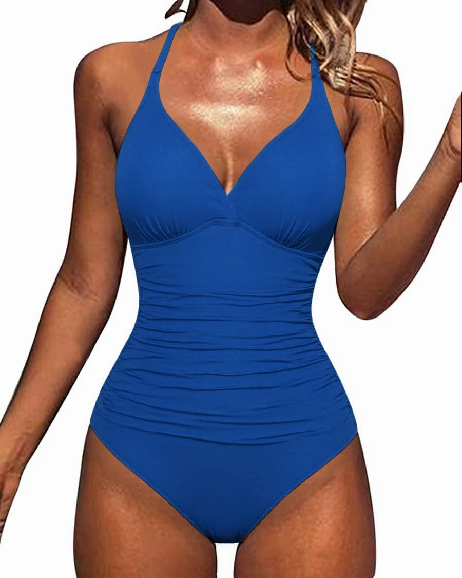 Hilor Women's Tummy Control One Piece Swimsuits Halter V Neck Push Up Slimming Bathing Suits Ruched Swimwear