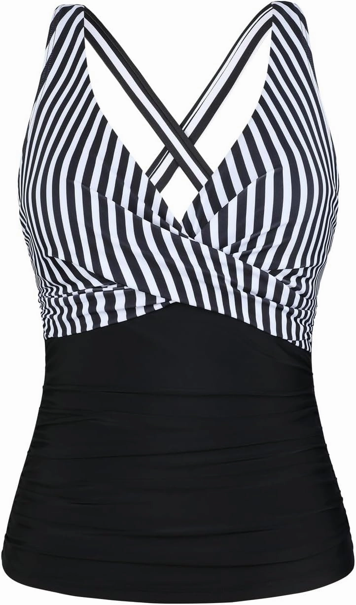 Hilor Women's Underwire Tankini Top Tummy Control Bathing Suits Sexy V Neck Crossover Swim Top Only