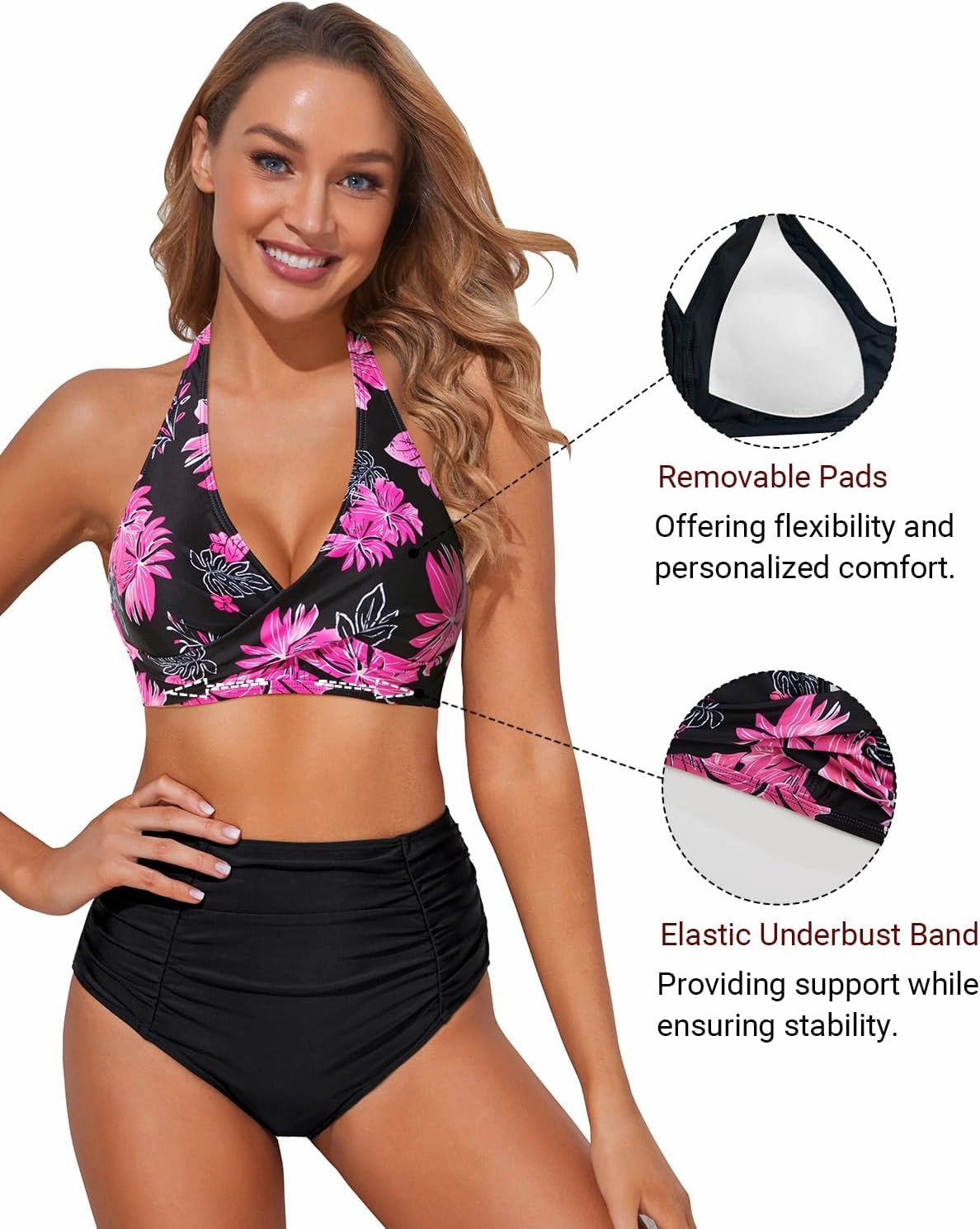 Holipick Women Halter Bikini Tops Push Up Bathing Suit Top V Neck Full Coverage Swimsuit Top Only