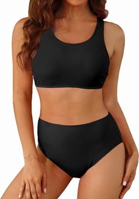 Holipick Women High Waisted Two Piece Bikini Sports Crop Top Swimsuit Scoop Neck Bathing Suit for Teen Girls with Bottom